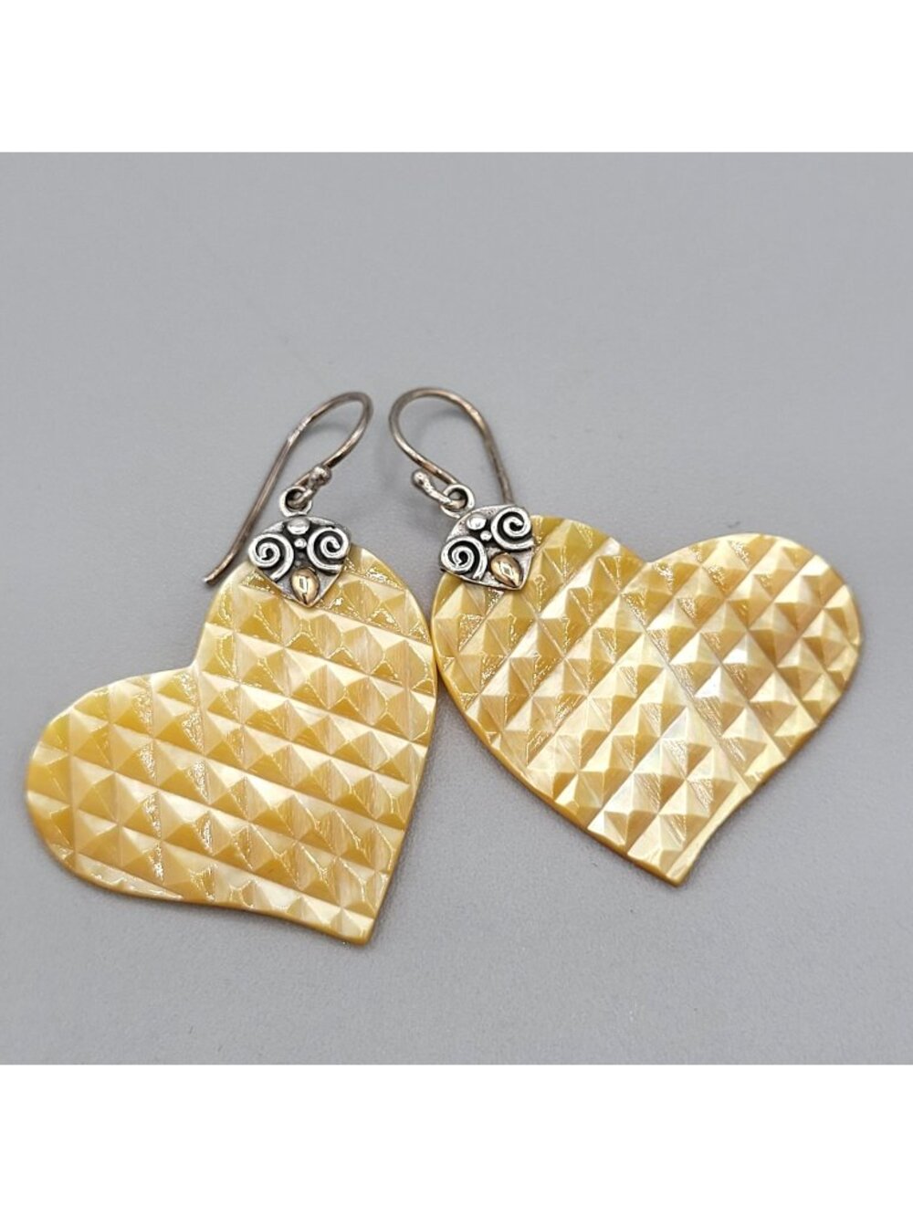Robert Manse Bali Heart Shaped Earrings Yellow Mother of Pearl Sterling 18k Gold